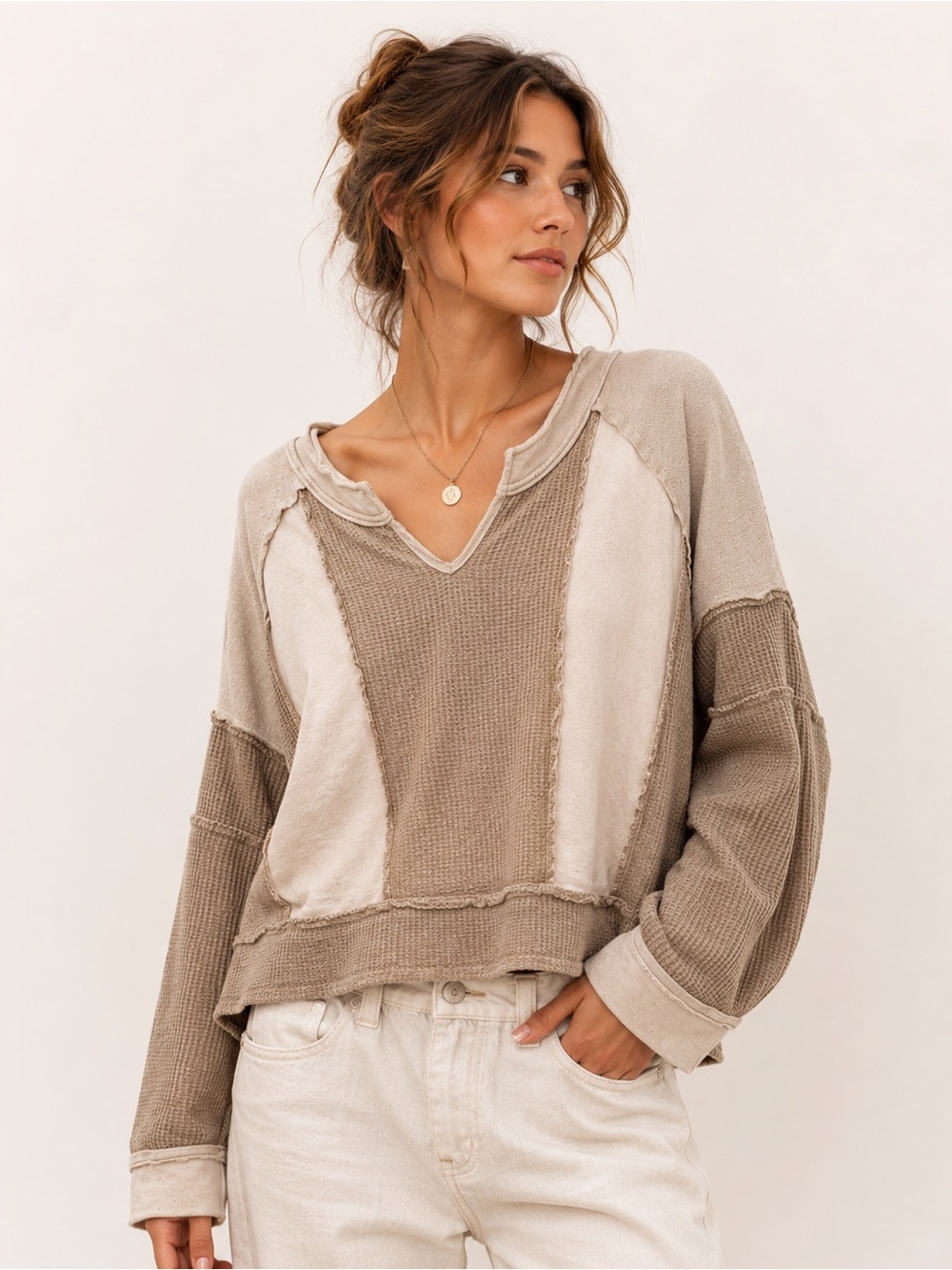 POL Thermal Patchwork Oversized Top Small Boho Raw Hem Waffle Knit Beige Taupe